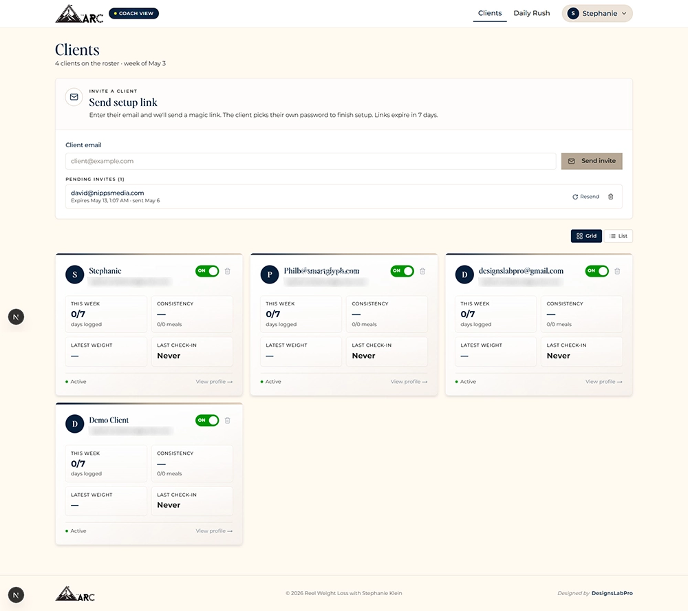 The Arc — Private Coaching Web App for Reel Weight Loss